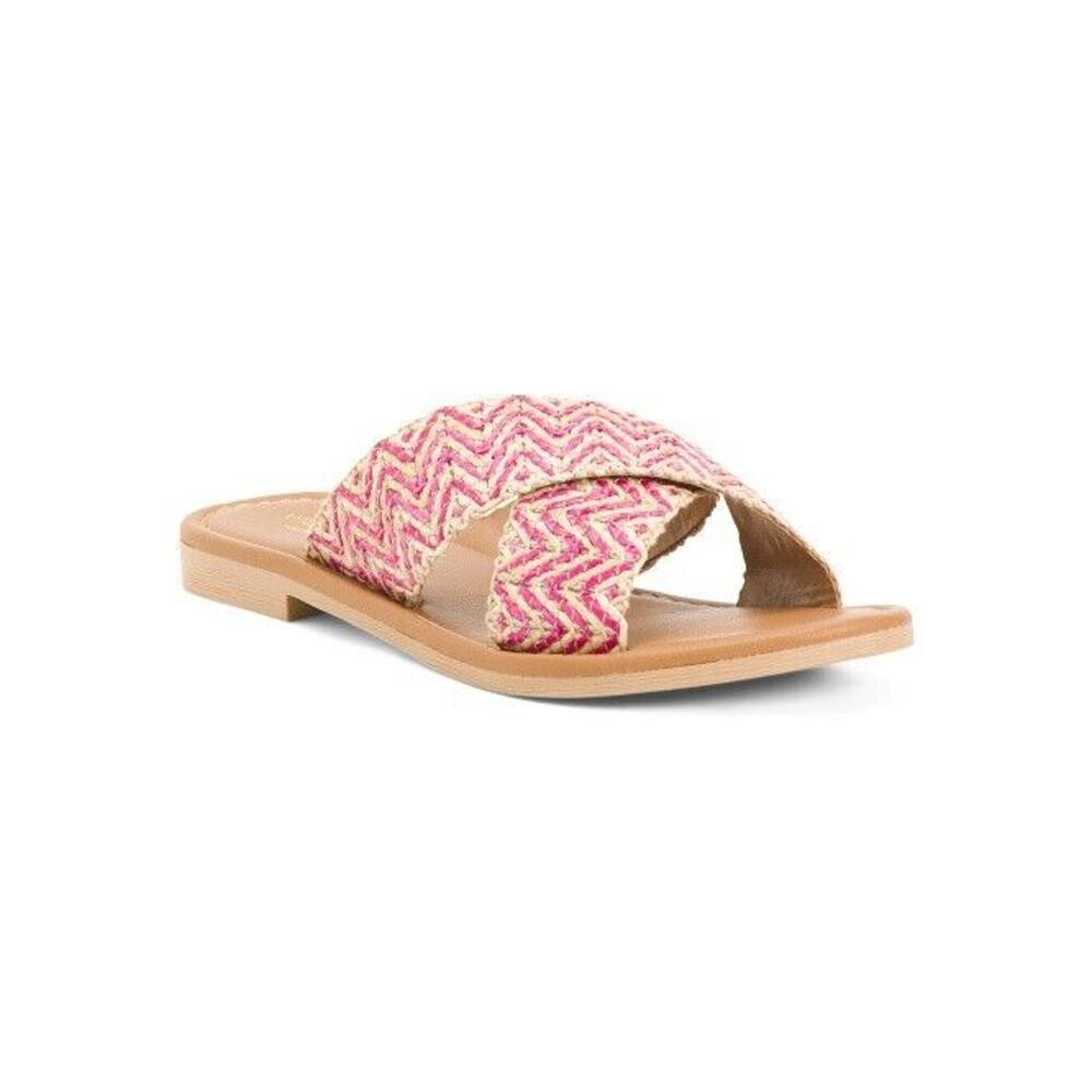NEW VERDEROSMARINO Cross Band Flat Sandals in Fuchsia + Cream Chevron
